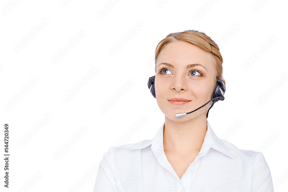 Support phone operator in headset, blonde girl solated Support phone operator in headset, blonde girl solated