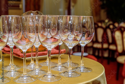 Close up empty wine glassess at banquet