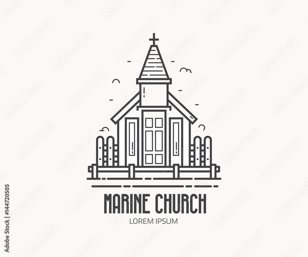 Marine church logo or label template in linear style. Sea chapel logotype in thin line design. Traditional sailor kirk outline icon.