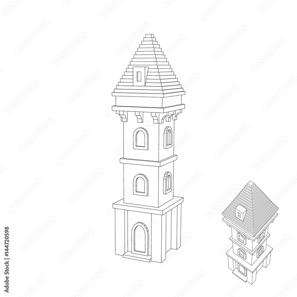 Castle tower. Isolated on white background. Vector outline illustration.