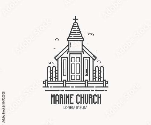 Marine church logo or label template in linear style. Sea chapel logotype in thin line design. Traditional sailor kirk outline icon.