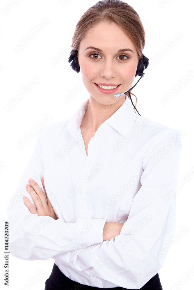 Portrait of smiling cheerful young support phone operator in headset, isolated over white background Portrait of smiling cheerful young support phone operator in headset, isolated over white background