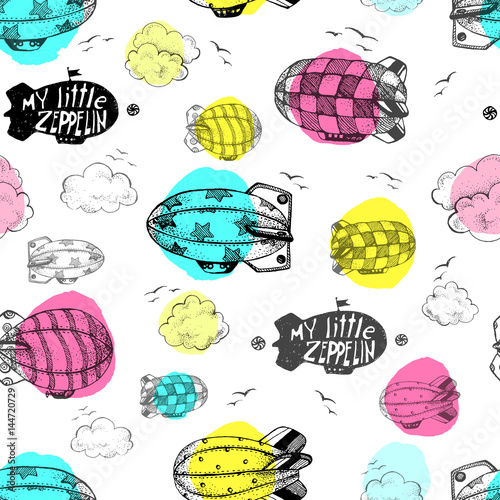 Hand drawn vector vintage seamless pattern with cute little airc photo