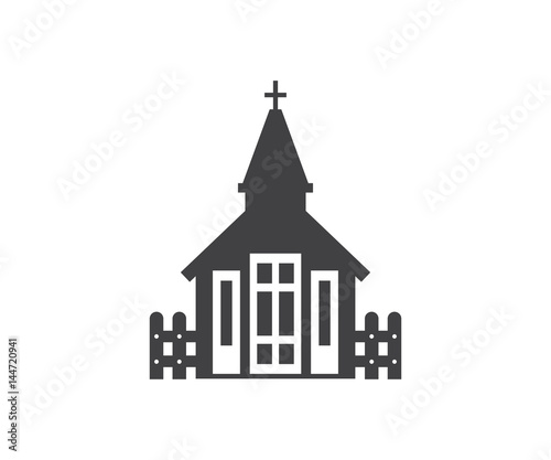 Fence and church icon. Small temple logo or label template in linear style. Nordic chapel logotype. Traditional kirk vector illustration.