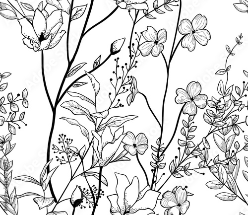 Vector Black Seamless Pattern with Drawn Flowers, Branches, Plants
