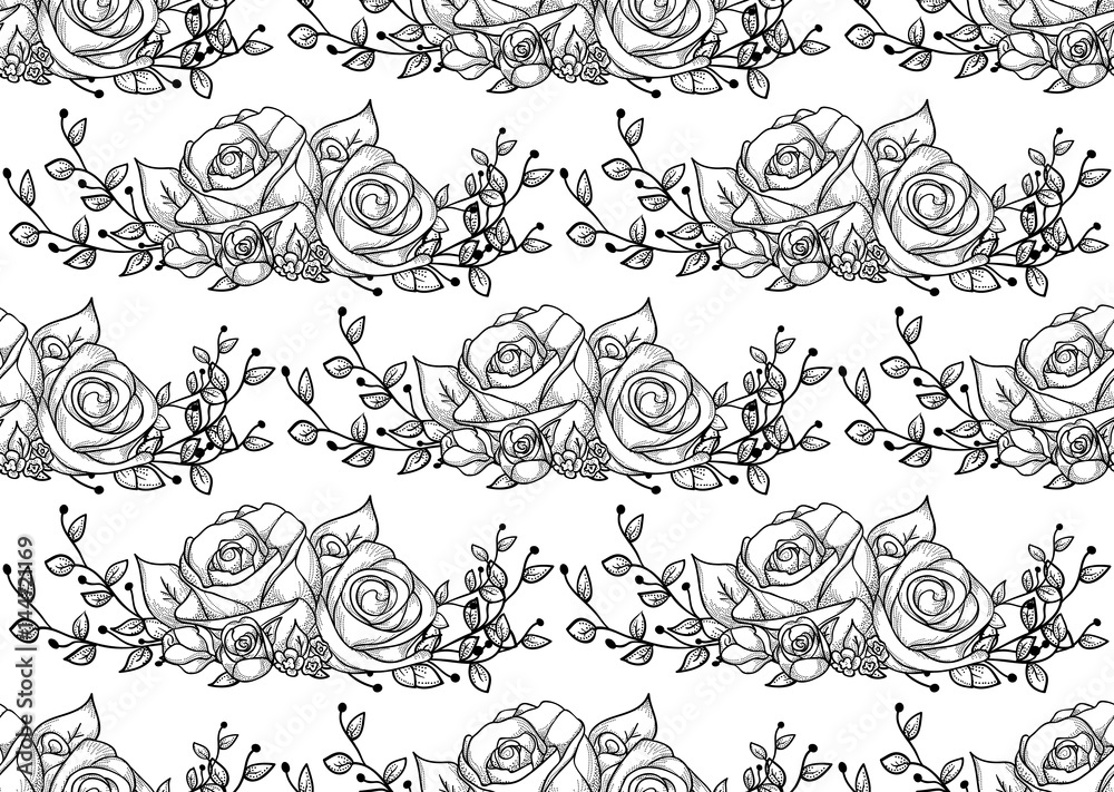 Vector Black Seamless Pattern with Drawn Flowers, Roses with Branches Vector Black Seamless Pattern with Drawn Flowers, Roses with Branches