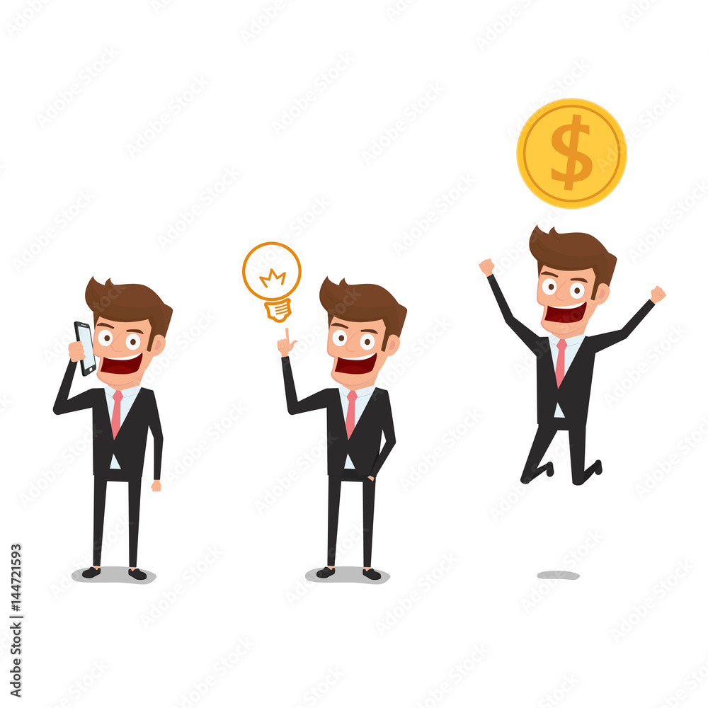 Businessman character flat design. Businessman in elegant office clothes with a various poses, talking on phone, pointing up, and jumping.