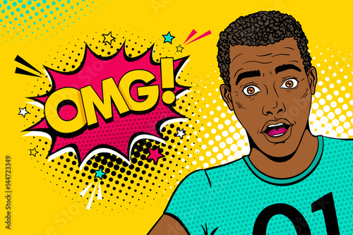 Wow pop art male face. Young sexy surprised african american black man with open mouth and OMG speech bubble with stars. Vector colorful illustration in retro comic style. Party invitation poster.