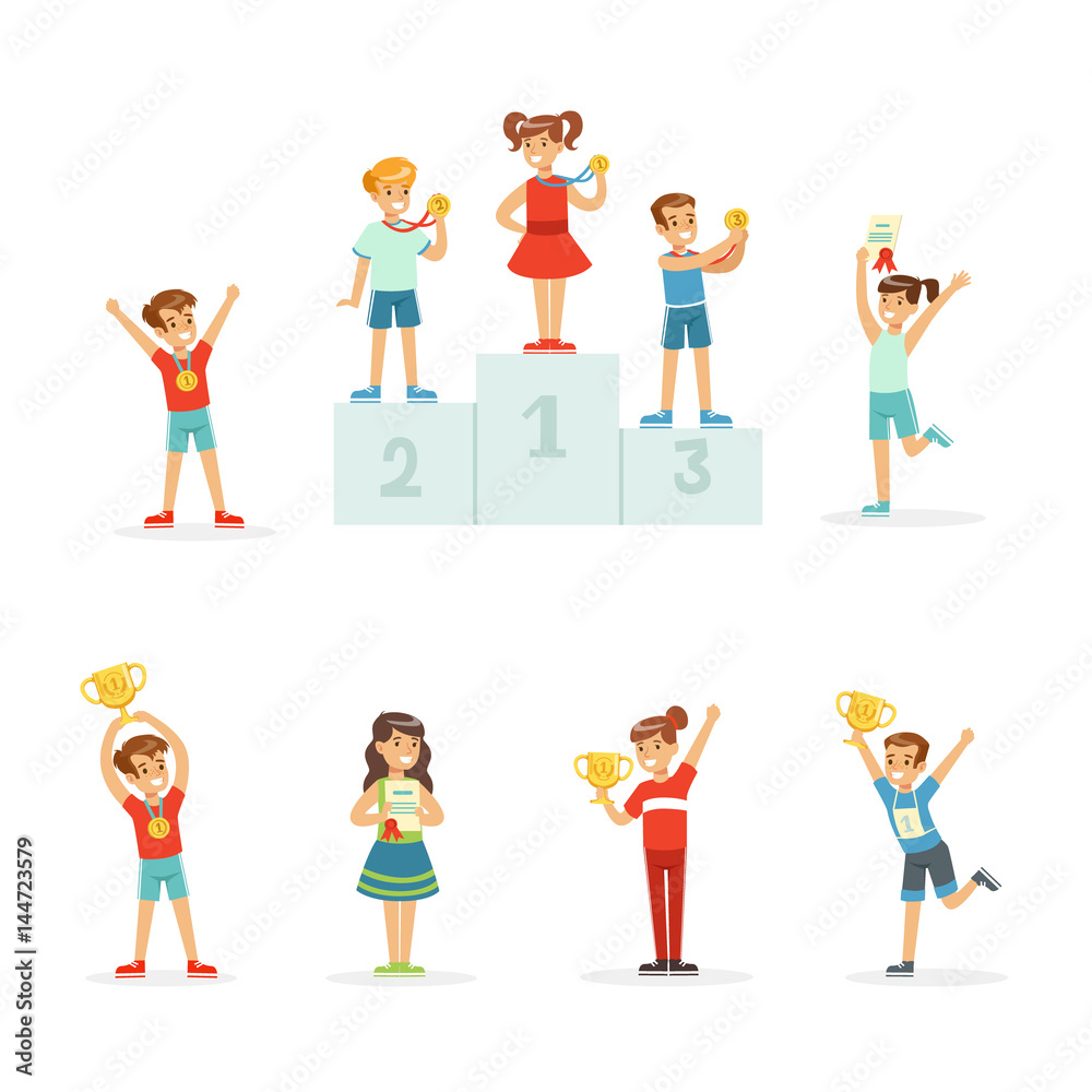Happy young children holding their golden trophies, set for label design. Cartoon detailed colorful Illustrations