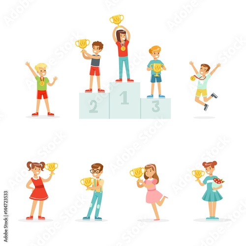 Smiling young boys and girls celebrating their medals and winner cups  set for label design. Cartoon detailed colorful Illustrations
