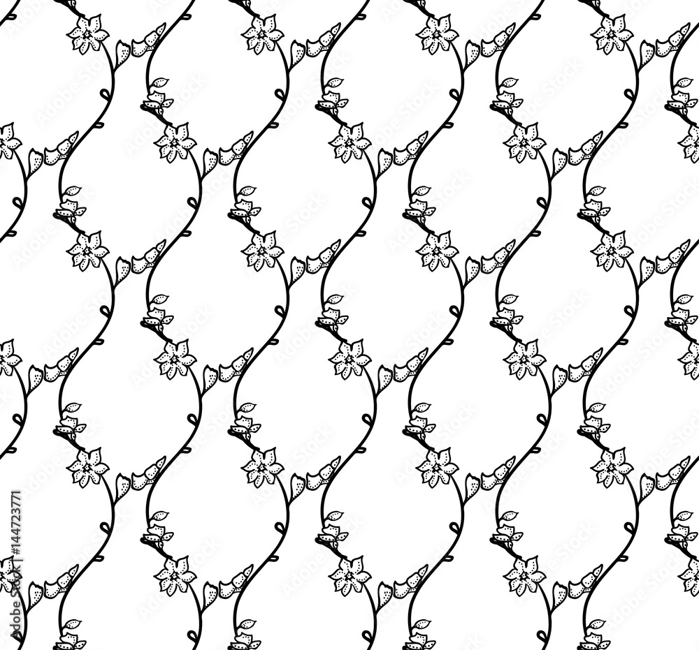 Fototapeta premium Vector Black Seamless Pattern with Drawn Branches, Plants