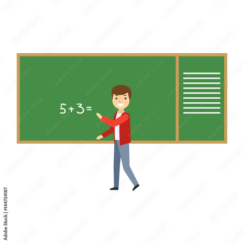 Boy Solving Math Problem On Blackboard In Classroom, Part Of School And Scholar Life Series Of Minimalistic Illustrations Boy Solving Math Problem On Blackboard In Classroom, Part Of School And Scholar Life Series Of Minimalistic Illustrations
