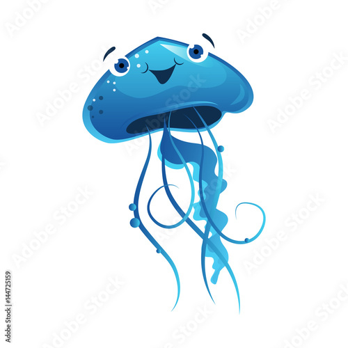 Blue jellyfish, sea creature. Colorful cartoon character i