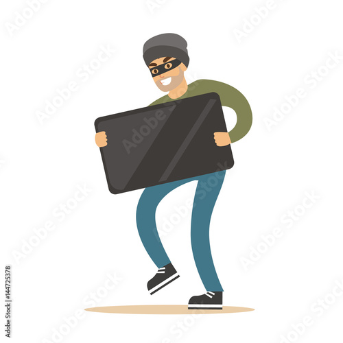 Robber in mask carrying balck modern TV. Colorful cartoon character vector Illustration
