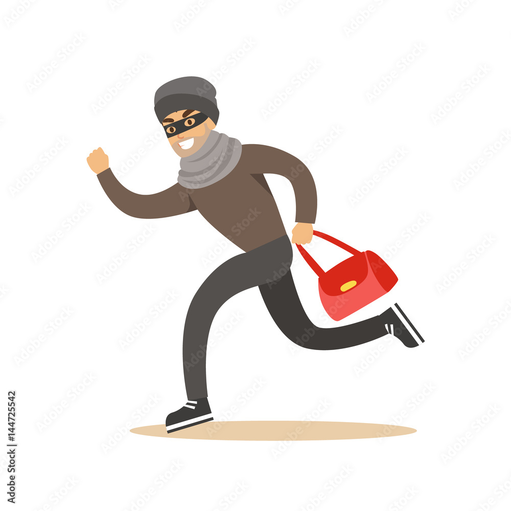 Thief running with a stolen red bag. Colorful cartoon character vector  Illustration Stock Vector | Adobe Stock