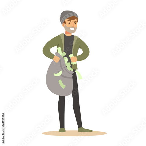 Robber carrying a sack of money. Colorful cartoon character vector Illustration