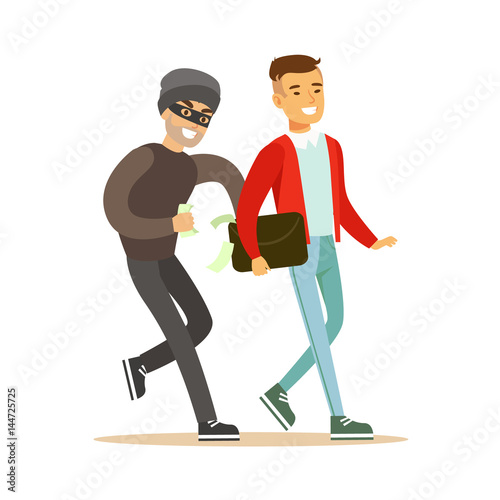 Pickpocket trying to steal money from smiling man . Colorful cartoon character vector Illustration