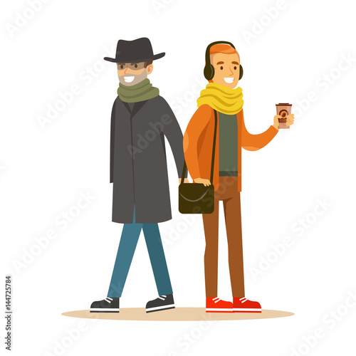 Pickpocket trying to steal wallet from man in headphones. Colorful cartoon character vector Illustration