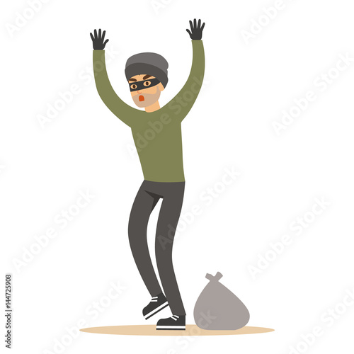 Robber man in black mask holding hands up. Colorful cartoon character vector Illustration