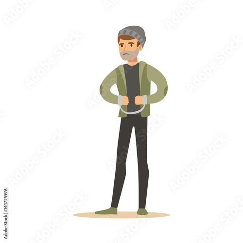 Robber in handcuffs. Colorful cartoon character vector Illustration
