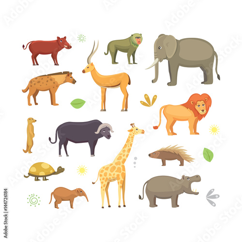 African animals cartoon vector set. elephant  rhino  giraffe  cheetah  hyena  lion  hippo  and outhers. safari isolated illustration.
