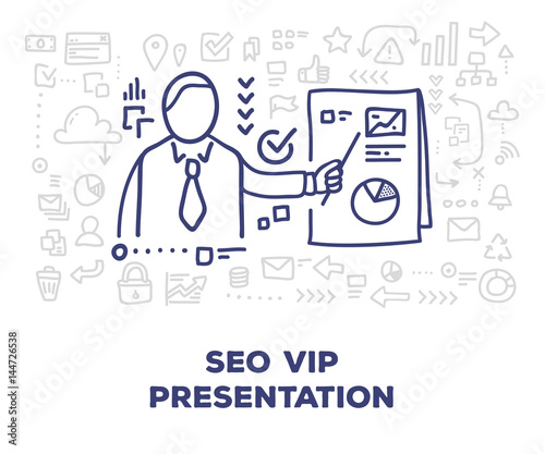 Vector creative illustration of business man with document, line icons, header on white background.