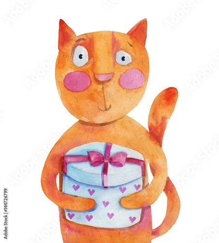 Naklejka na ścianę Czerwony kot z prezentem z serca. Akwarela ilustracja Rysunek odręczny