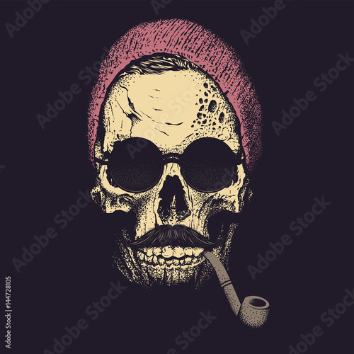 Hipster skull, hipster hair and winter hat, smoking pipe and glasses