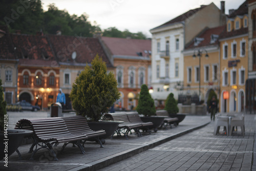 Evening street with benches and flowerbeds