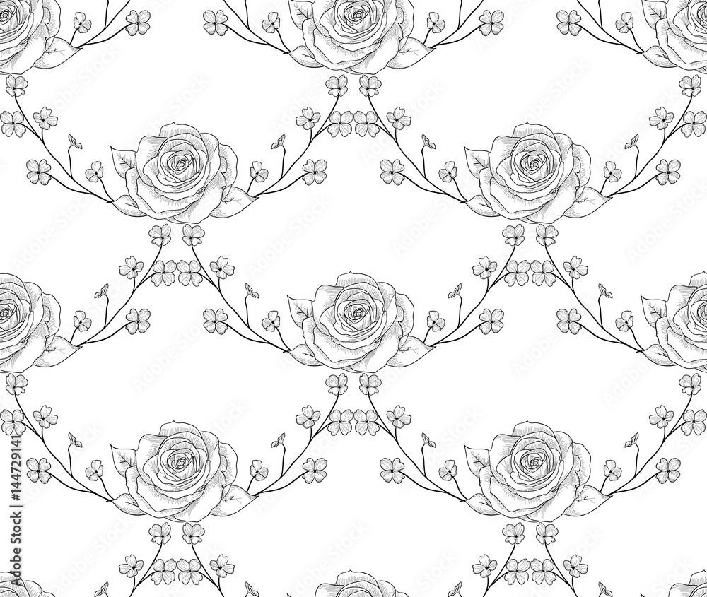 Vector Black Seamless Pattern with Drawn Flowers, Roses with Branches
