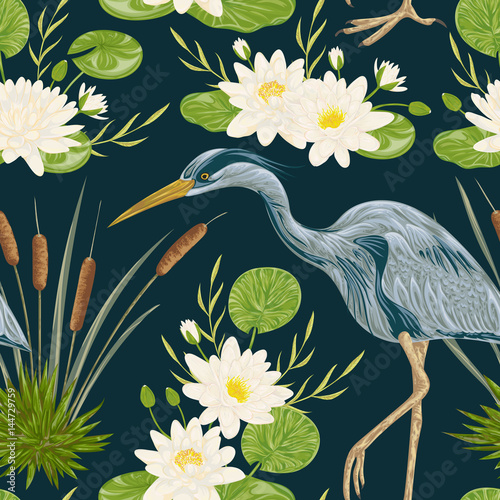 Seamless pattern with heron bird, water lily and bulrush. Swamp flora and fauna. Vintage hand drawn vector illustration in watercolor style
