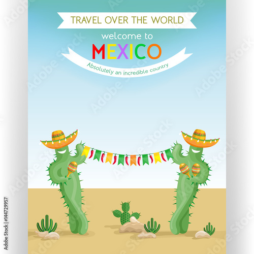 Travel poster template with smiling cacti in sombreros and text customized for traveling to Mexico invitation.