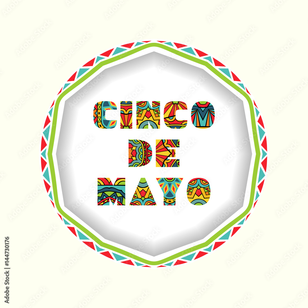 Cinco De Mayo card with bright ornate letters and round border with Mexican  style ornament. Stock Vector | Adobe Stock