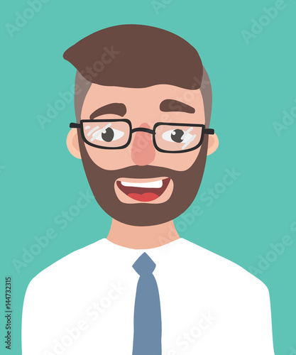 A happy young hipster man with the beard vector flat design illustration isolated on aquamarine background. Laughing office worker. positive businessman with glasses