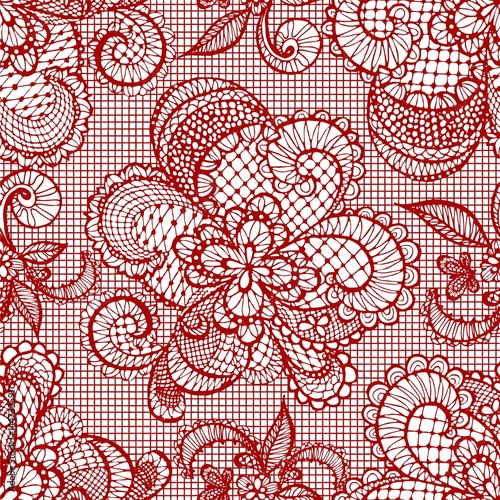 Red lace flowers decoration element. Seamless vector  background