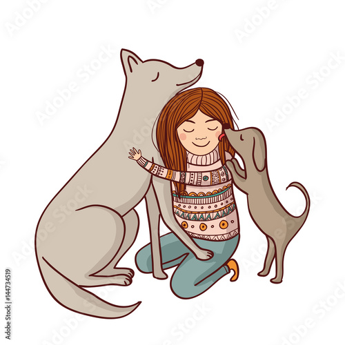 Vector girl with dogs illustration.