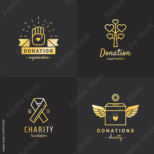 Donations and charity gold logo vintage vector set. Part four.