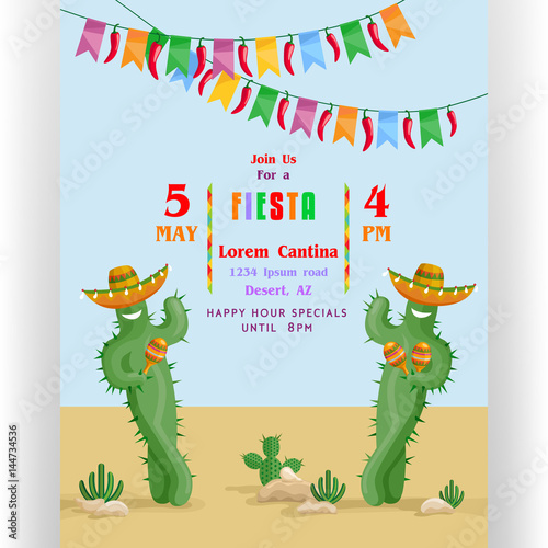 Fiesta poster template with smiling cacti in sombreros, text customized for party invitation, colorful flags and desert mexican landscape.