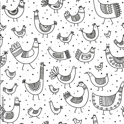 Vector ethnic style linear birds seamless pattern