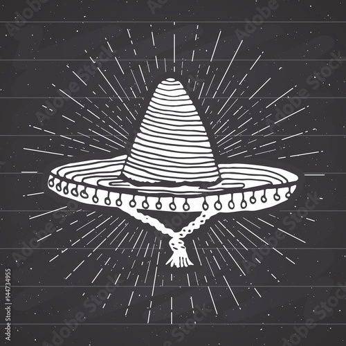 Vintage label, Hand drawn sombrero mexican traditional hat sketch, grunge textured retro badge, emblem design, typography t-shirt print, vector illustration on chalkboard background