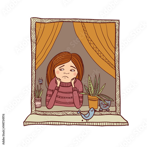 sad girl looking in the window illustration