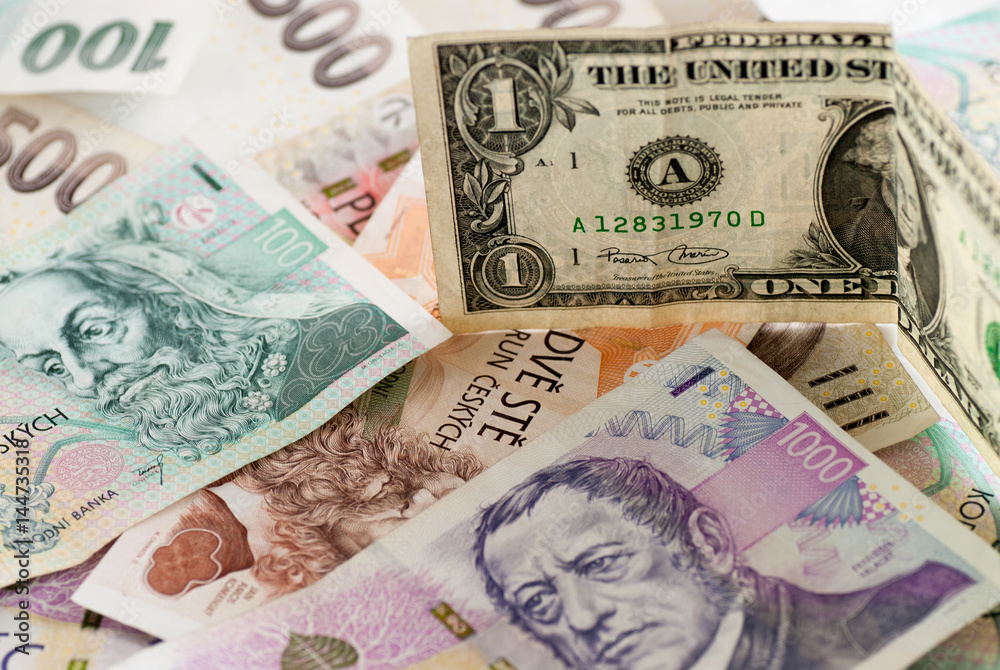 Obraz premium czech koruna currency and one dollar bill concept photo