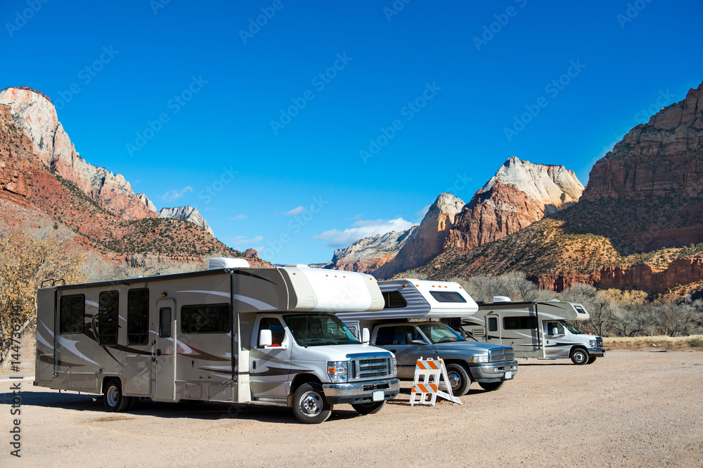 Obraz premium RV parking on the campsite Zion National Park, Arizona USA