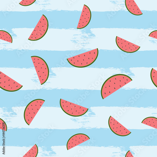 Slices of watermelon on a striped background painted with a brush. Cartoon seamless pattern.