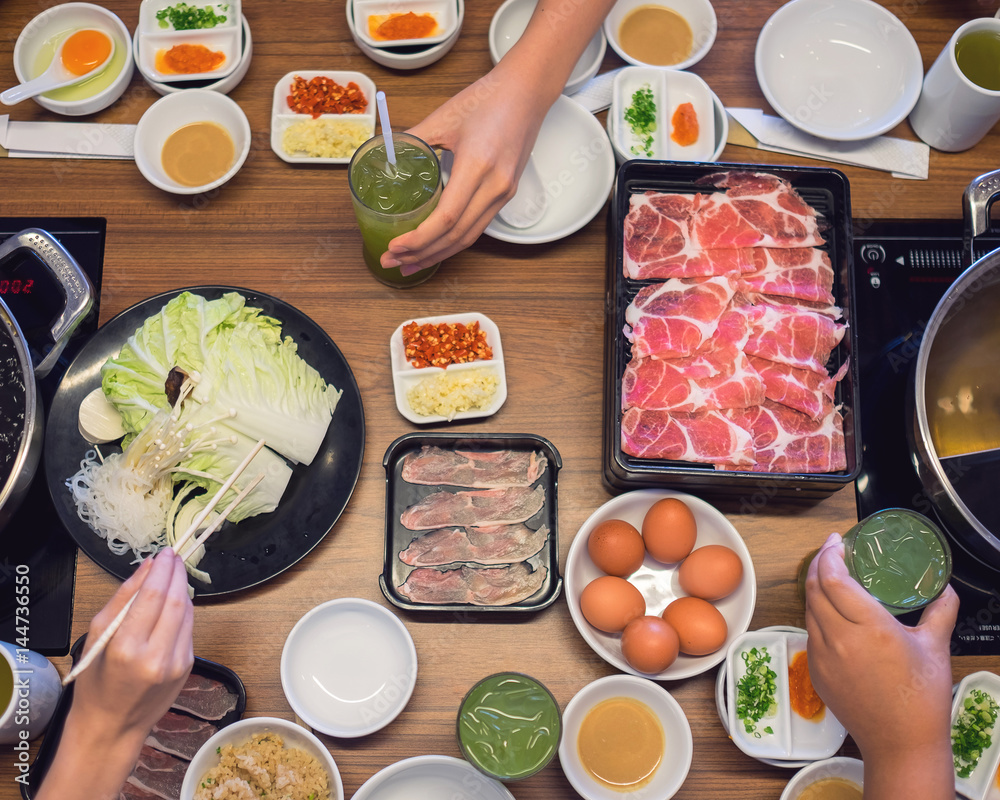 shabu shabu japanese hot pot food of family lunch with flat lay top