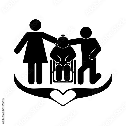 A happy family, relatives take care of an elderly disabled person.