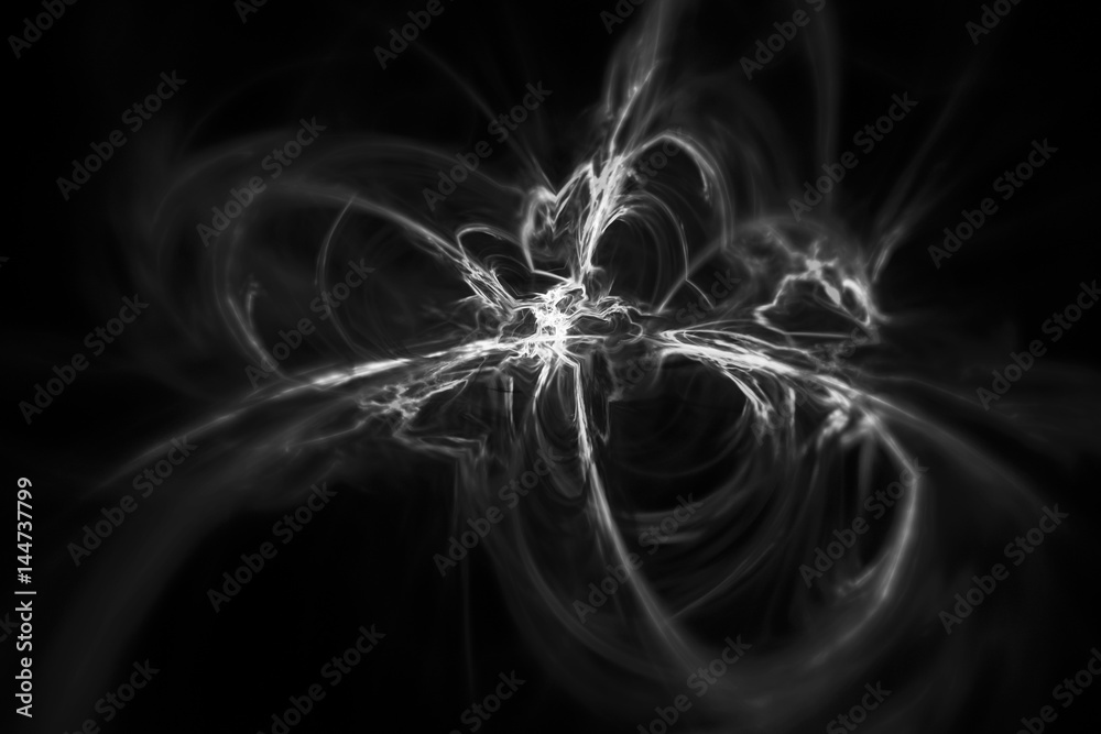 Abstract monochrome smoky shapes on black background. Fantasy fractal texture. 3D rendering.