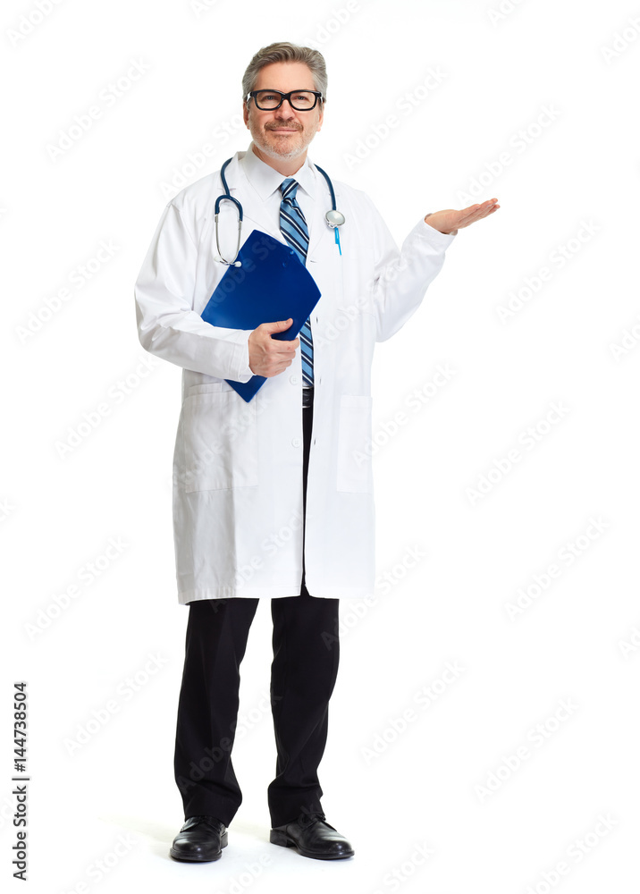 Doctor pharmacist presenting white background Doctor pharmacist presenting white background