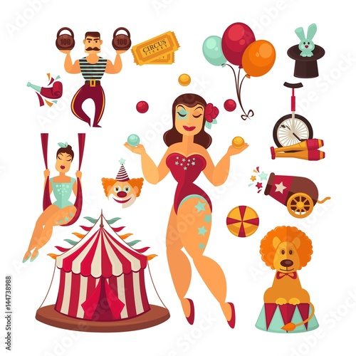 Circus elements and performers vector isolated flat icons set