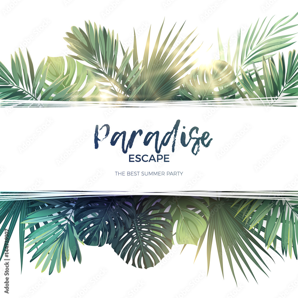Fototapeta premium Green summer tropical background with exotic palm leaves and plants. Vector floral background.